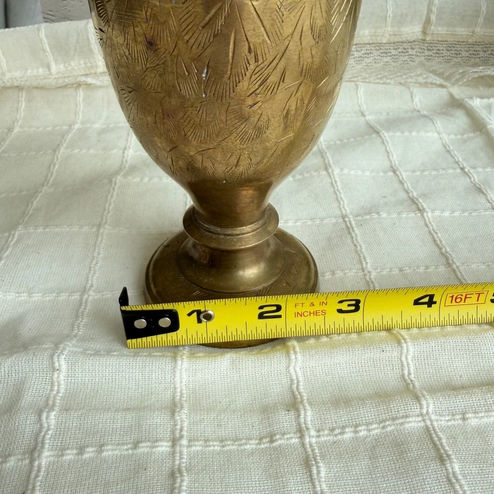 Vintage Hand Etched Brass Bud Vase Made in India Floral Pattern 7.5 Inch Gold
